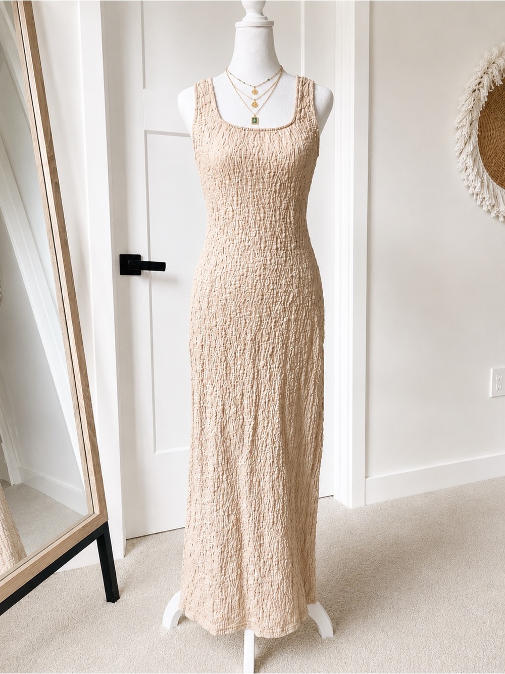 Sleeveless Cream Crinkle Textured Midi or Maxi Dress